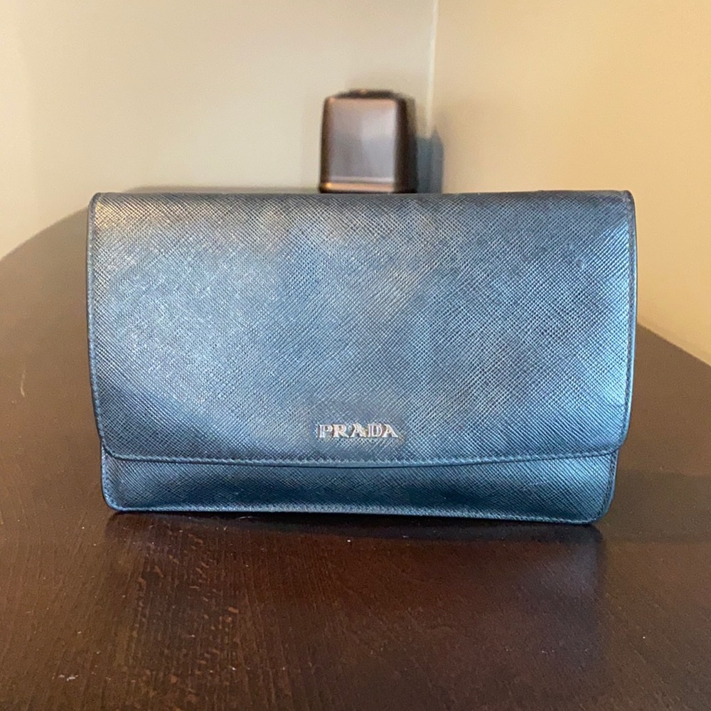Prada Saffiano Leather Black Wallet on a Strap